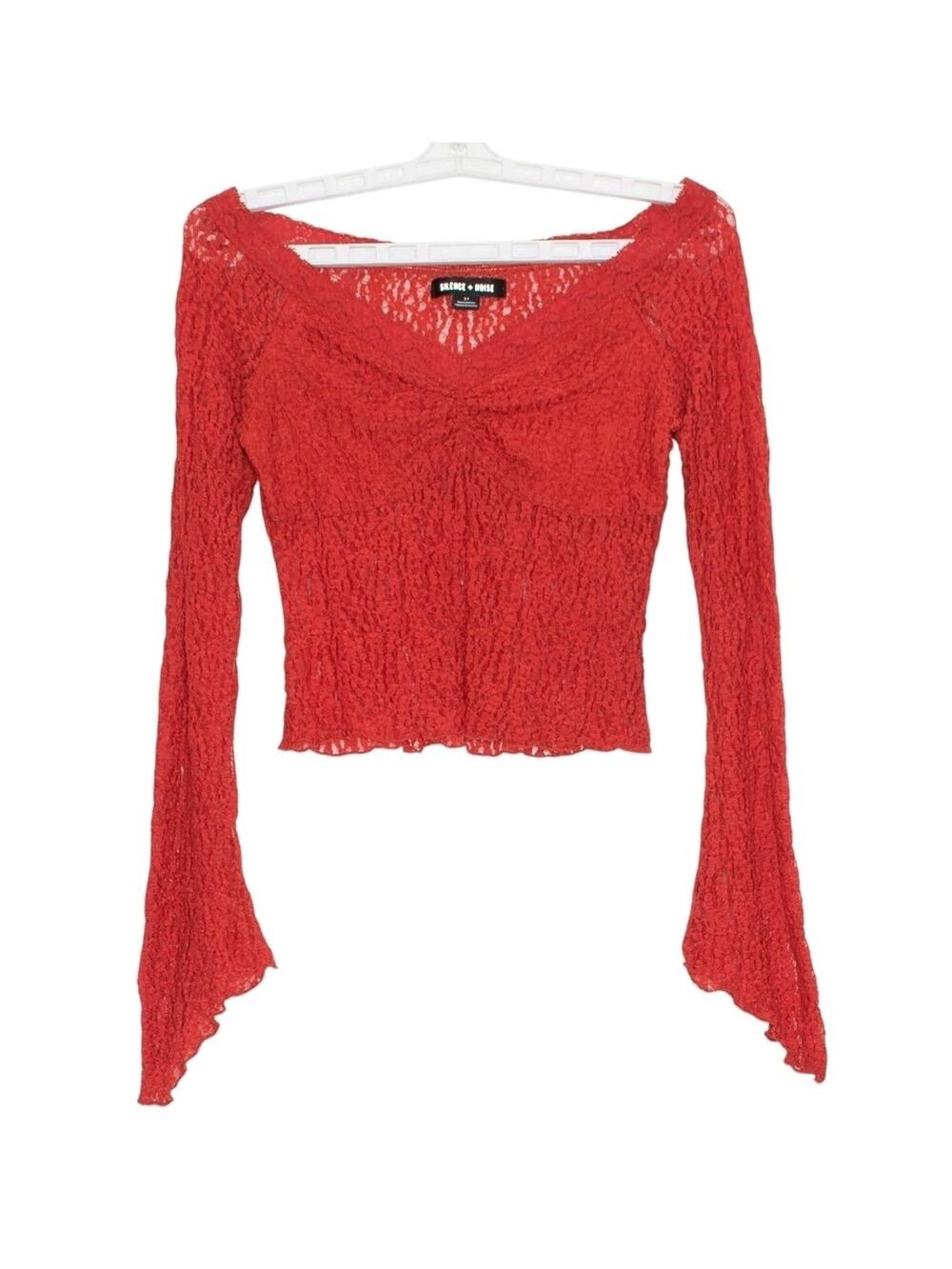 Red Sz S Flutter Sleeve Crop Top Lace Babydoll Y2K Fairy Off Shoulder Sheer